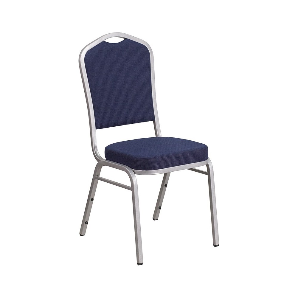 Crown Back Stacking Banquet Chair in Navy Fabric - Silver Frame