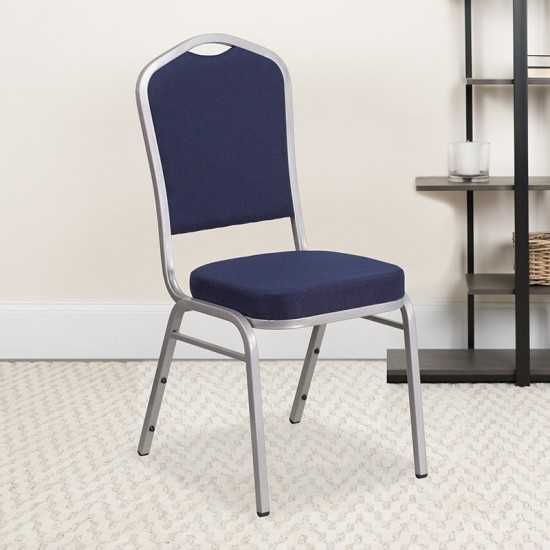 Crown Back Stacking Banquet Chair in Navy Fabric - Silver Frame