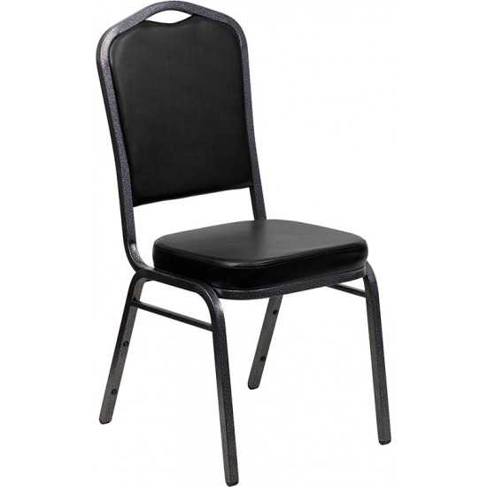 Crown Back Stacking Banquet Chair in Black Vinyl - Silver Vein Frame