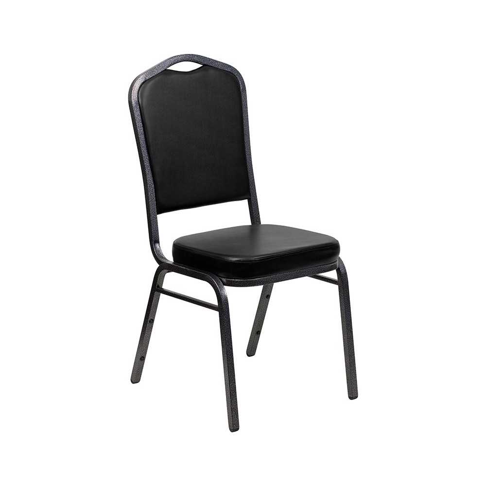 Crown Back Stacking Banquet Chair in Black Vinyl - Silver Vein Frame