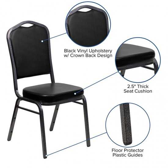 Crown Back Stacking Banquet Chair in Black Vinyl - Silver Vein Frame