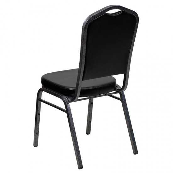 Crown Back Stacking Banquet Chair in Black Vinyl - Silver Vein Frame