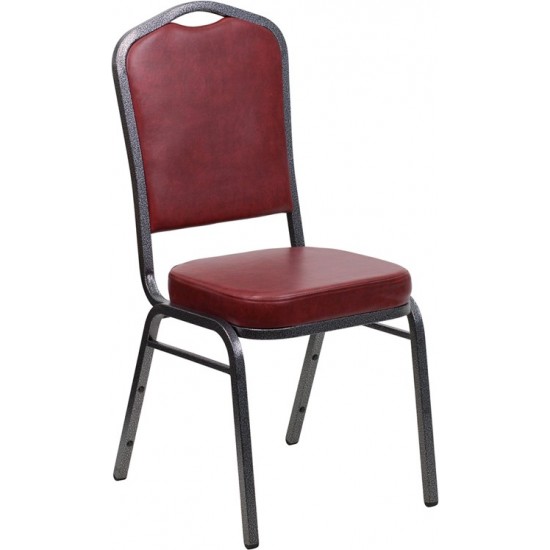 Crown Back Stacking Banquet Chair in Burgundy Vinyl - Silver Vein Frame