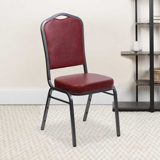 Crown Back Stacking Banquet Chair in Burgundy Vinyl - Silver Vein Frame