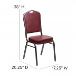 Crown Back Stacking Banquet Chair in Burgundy Vinyl - Silver Vein Frame