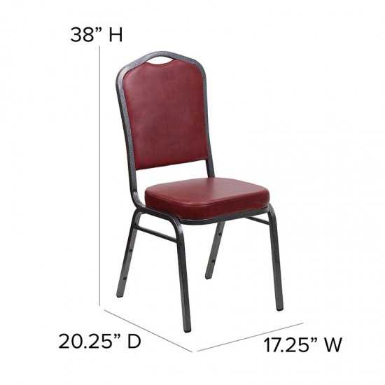 Crown Back Stacking Banquet Chair in Burgundy Vinyl - Silver Vein Frame