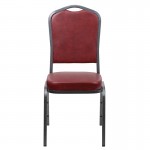 Crown Back Stacking Banquet Chair in Burgundy Vinyl - Silver Vein Frame