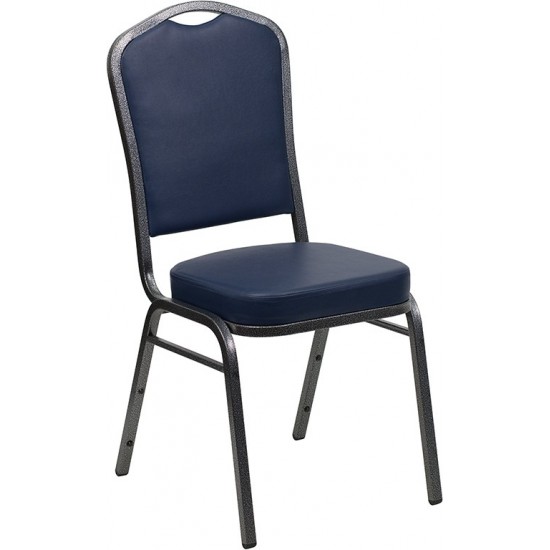 Crown Back Stacking Banquet Chair in Navy Vinyl - Silver Vein Frame