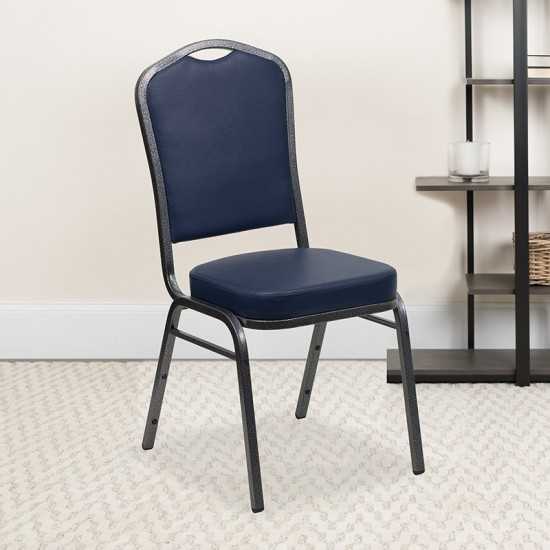 Crown Back Stacking Banquet Chair in Navy Vinyl - Silver Vein Frame