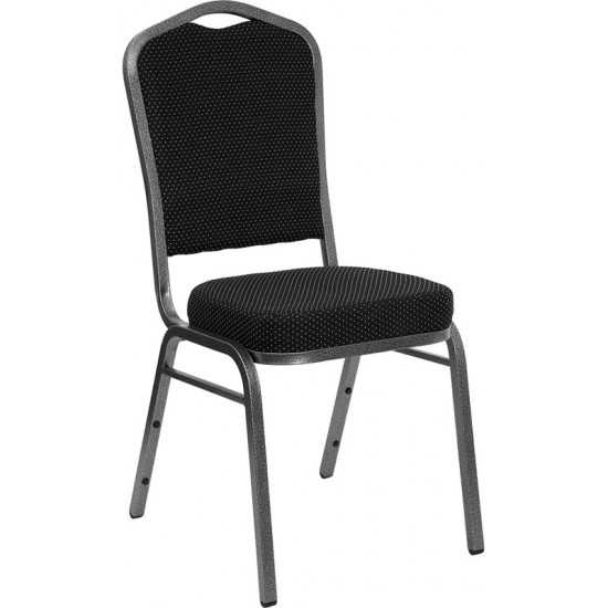 Crown Back Stacking Banquet Chair in Black Dot Patterned Fabric - Silver Vein Frame