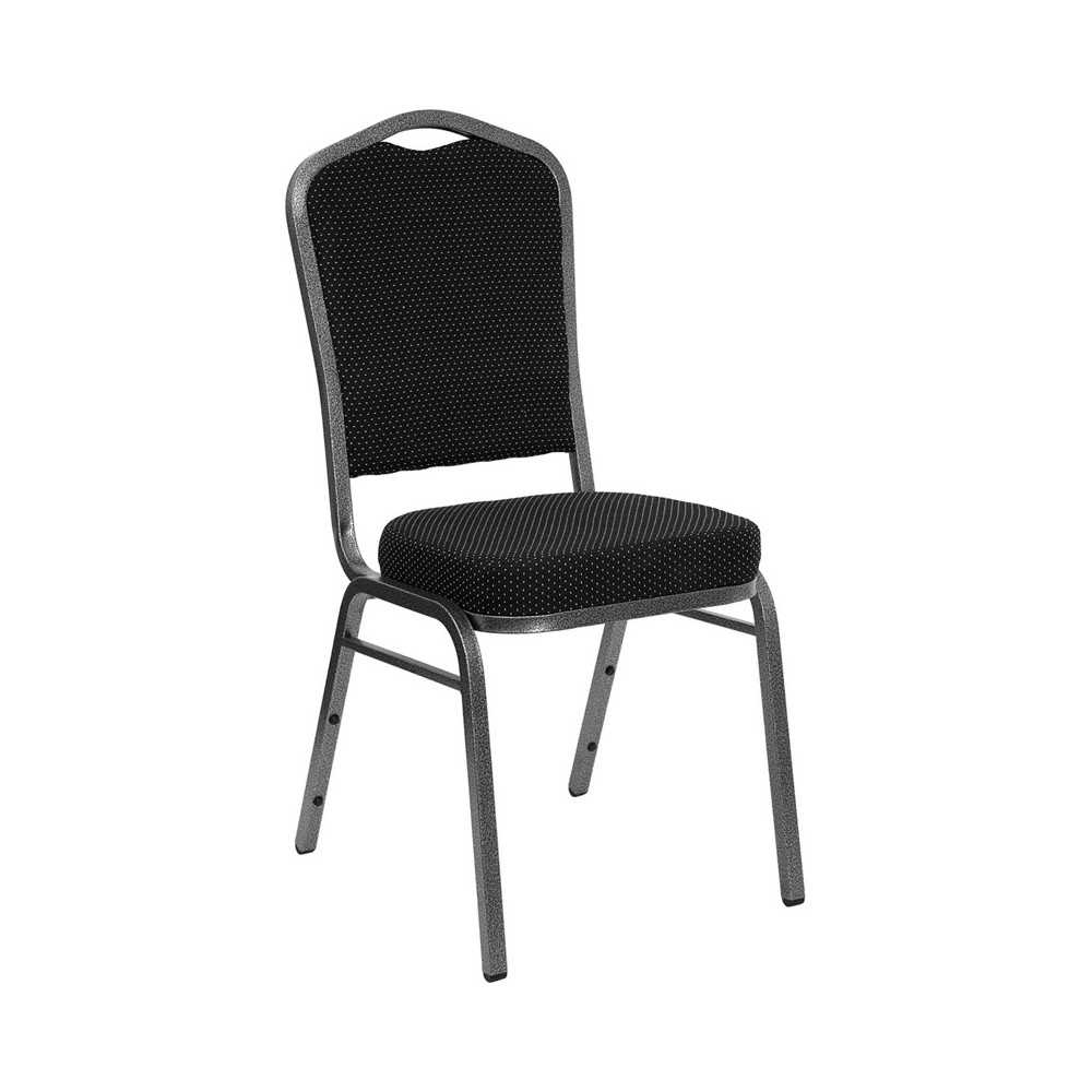 Crown Back Stacking Banquet Chair in Black Dot Patterned Fabric - Silver Vein Frame