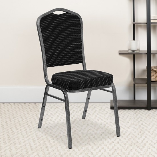 Crown Back Stacking Banquet Chair in Black Dot Patterned Fabric - Silver Vein Frame