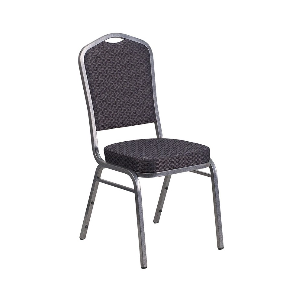 Crown Back Stacking Banquet Chair in Black Patterned Fabric - Silver Vein Frame