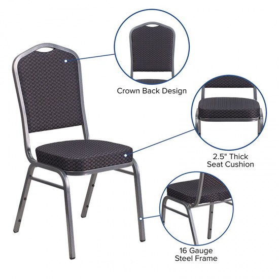 Crown Back Stacking Banquet Chair in Black Patterned Fabric - Silver Vein Frame