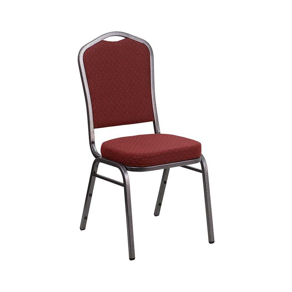 Crown Back Stacking Banquet Chair in Burgundy Patterned Fabric - Silver Vein Frame
