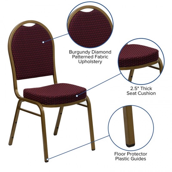 Dome Back Stacking Banquet Chair in Burgundy Patterned Fabric - Gold Frame