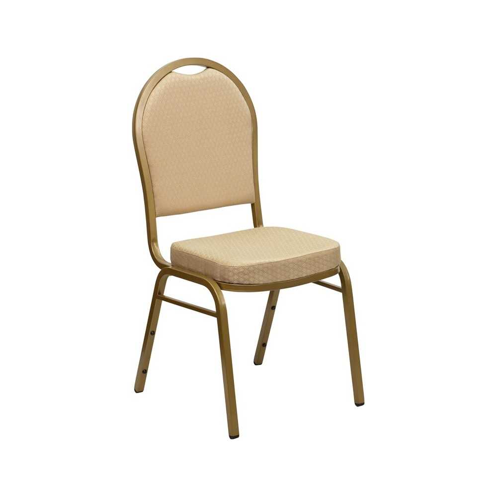 Dome Back Stacking Banquet Chair in Beige Patterned Fabric - Gold Frame