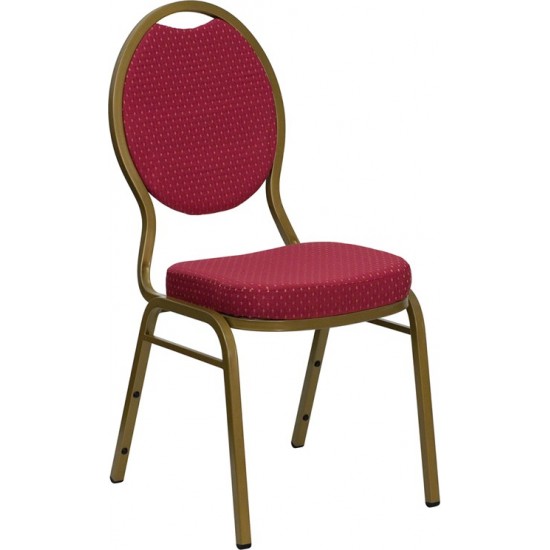 Teardrop Back Stacking Banquet Chair in Burgundy Patterned Fabric - Gold Frame