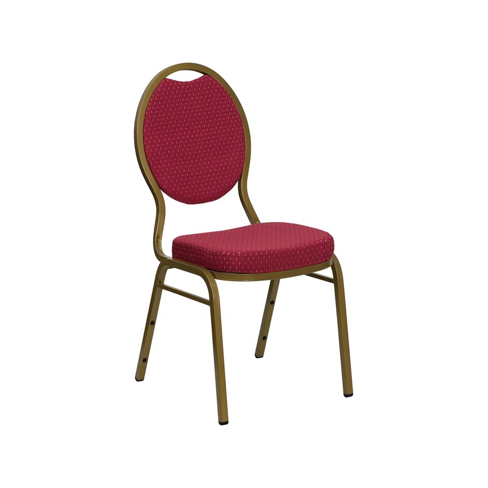 Teardrop Back Stacking Banquet Chair in Burgundy Patterned Fabric - Gold Frame