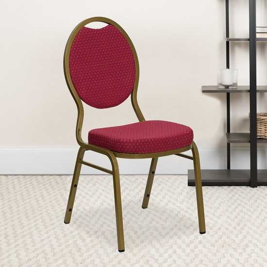 Teardrop Back Stacking Banquet Chair in Burgundy Patterned Fabric - Gold Frame