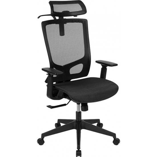 Office Chair with Synchro-Tilt, Pivot Adjustable Headrest, Lumbar Support, Coat Hanger and Adjustable Arms in Black