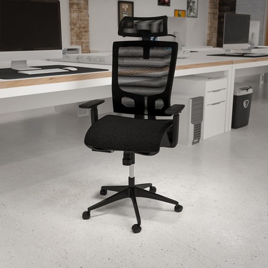 Office Chair with Synchro-Tilt, Pivot Adjustable Headrest, Lumbar Support, Coat Hanger and Adjustable Arms in Black