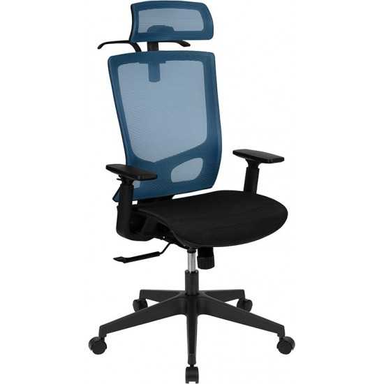 Office Chair with Synchro-Tilt, Pivot Adjustable Headrest, Lumbar Support, Coat Hanger & Adjustable Arms-Blue/Black