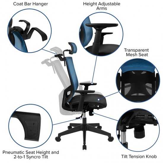 Office Chair with Synchro-Tilt, Pivot Adjustable Headrest, Lumbar Support, Coat Hanger & Adjustable Arms-Blue/Black