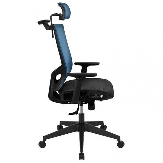 Office Chair with Synchro-Tilt, Pivot Adjustable Headrest, Lumbar Support, Coat Hanger & Adjustable Arms-Blue/Black