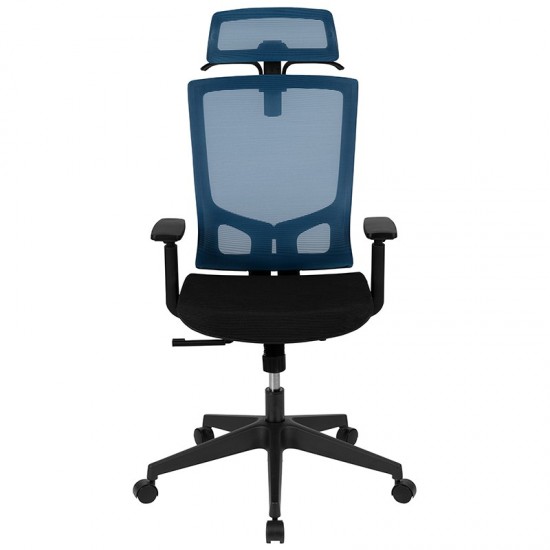 Office Chair with Synchro-Tilt, Pivot Adjustable Headrest, Lumbar Support, Coat Hanger & Adjustable Arms-Blue/Black