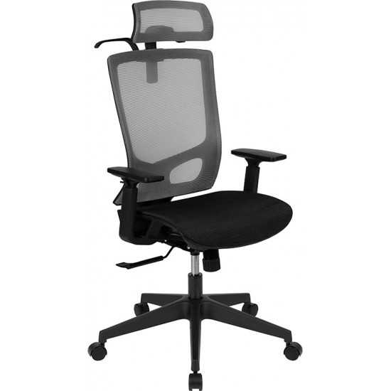 Office Chair with Synchro-Tilt, Pivot Adjustable Headrest, Lumbar Support, Coat Hanger & Adjustable Arms-Gray/Black