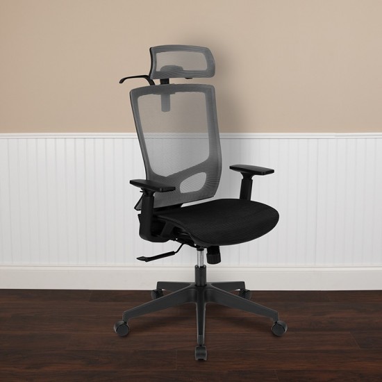 Office Chair with Synchro-Tilt, Pivot Adjustable Headrest, Lumbar Support, Coat Hanger & Adjustable Arms-Gray/Black