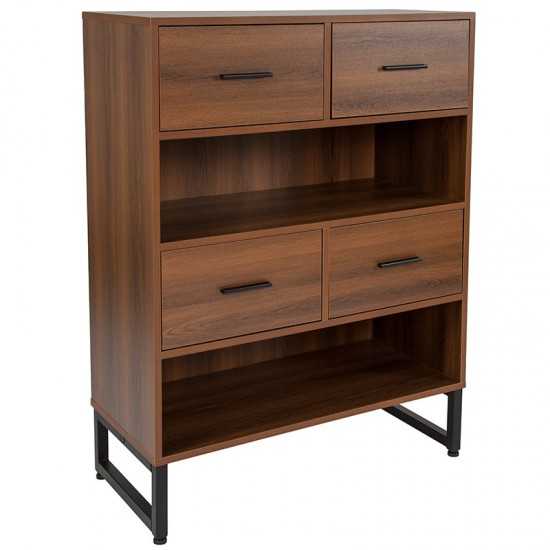 Lincoln Collection 2 Shelf 41.25"H Display Bookcase with Four Drawers in Rustic Wood Grain Finish