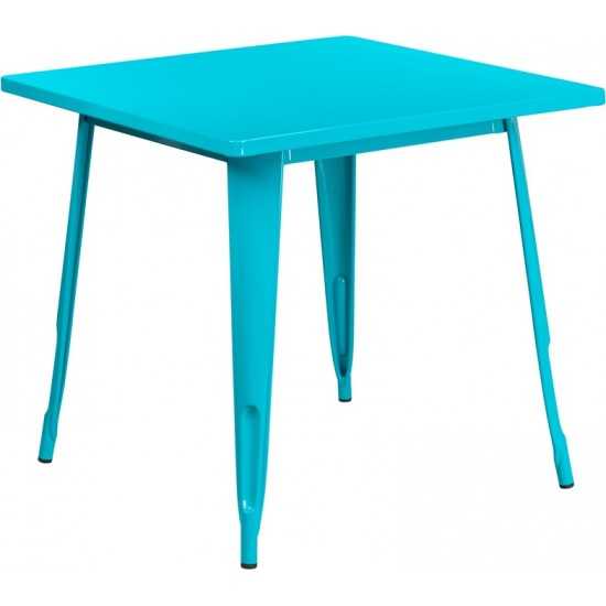 Commercial Grade 31.5" Square Crystal Teal-Blue Metal Indoor-Outdoor Table