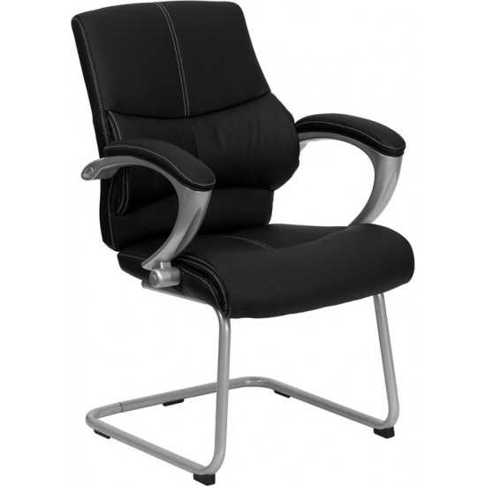 Black LeatherSoft Executive Side Reception Chair with Silver Sled Base