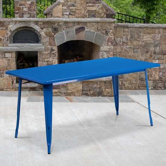 Commercial Grade 31.5" x 63" Rectangular Blue Metal Indoor-Outdoor Table