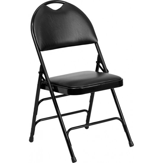 Ultra-Premium Triple Braced Black Vinyl Metal Folding Chair with Easy-Carry Handle