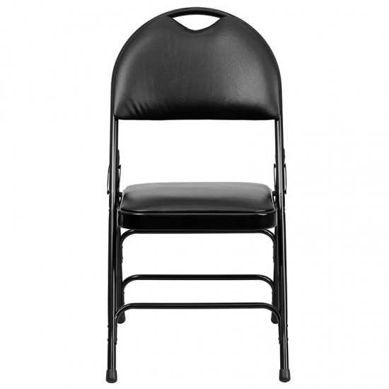 Ultra-Premium Triple Braced Black Vinyl Metal Folding Chair with Easy-Carry Handle