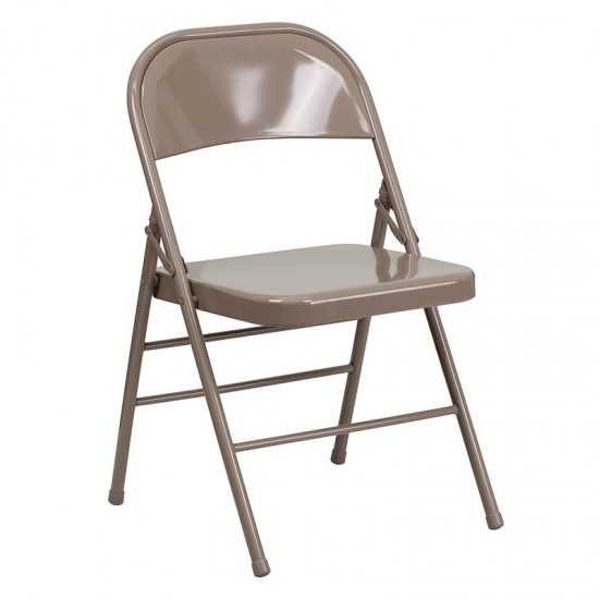 Triple Braced & Double Hinged Beige Metal Folding Chair