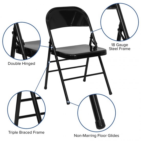 Triple Braced & Double Hinged Black Metal Folding Chair