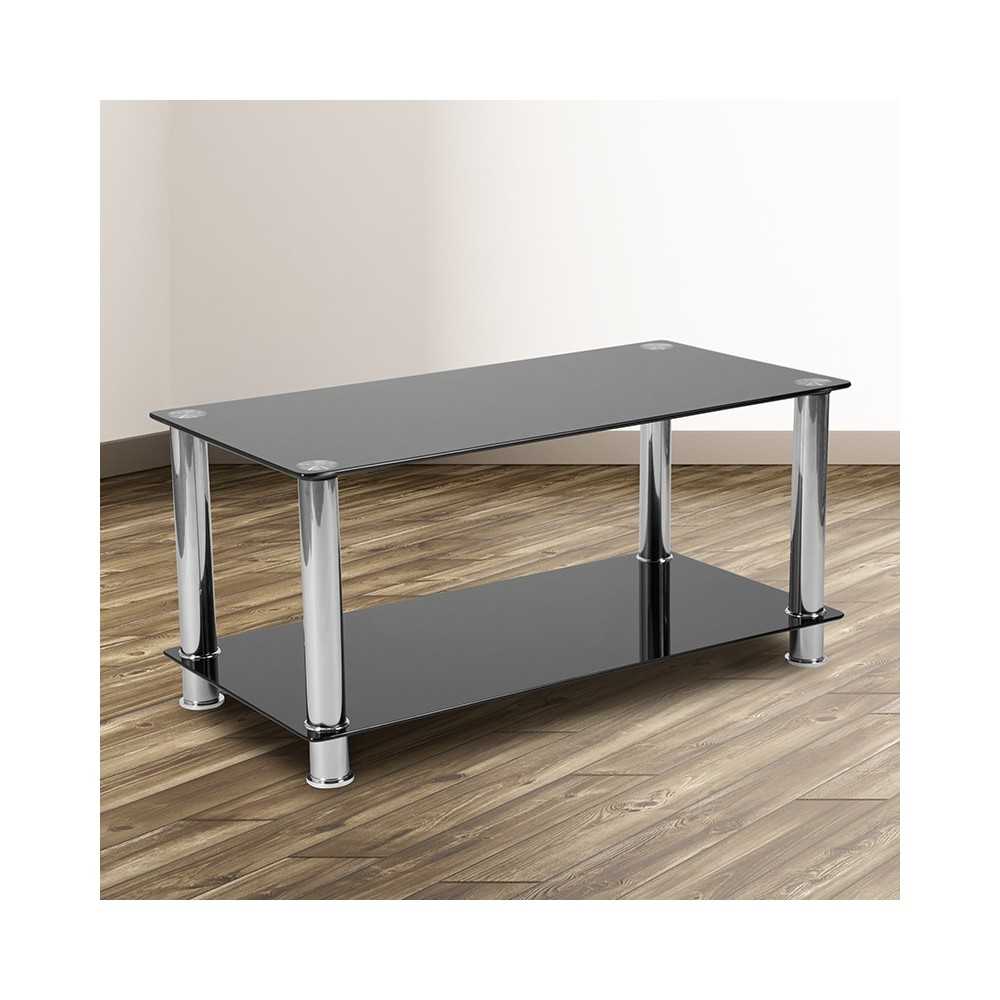 Riverside Collection Black Glass Coffee Table With Shelves And Stainless Steel Frame 5753