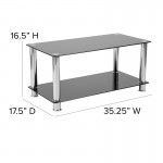 Riverside Collection Black Glass Coffee Table with Shelves and Stainless Steel Frame