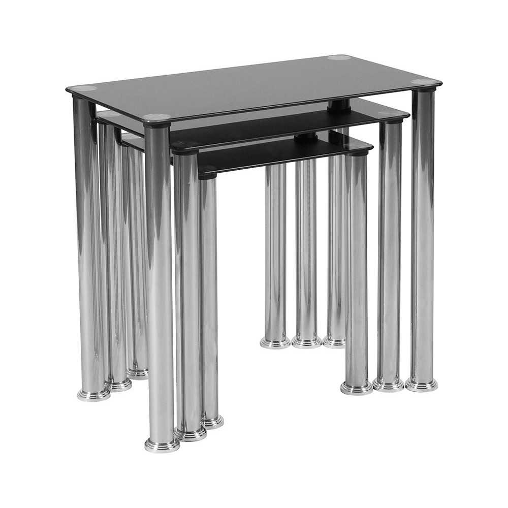 Riverside Collection Black Glass Nesting Tables with Stainless Steel Legs