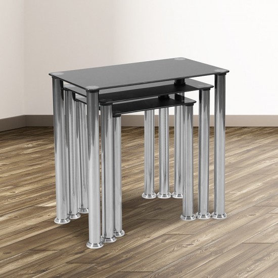 Riverside Collection Black Glass Nesting Tables with Stainless Steel Legs