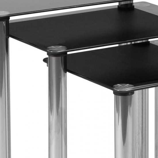 Riverside Collection Black Glass Nesting Tables with Stainless Steel Legs