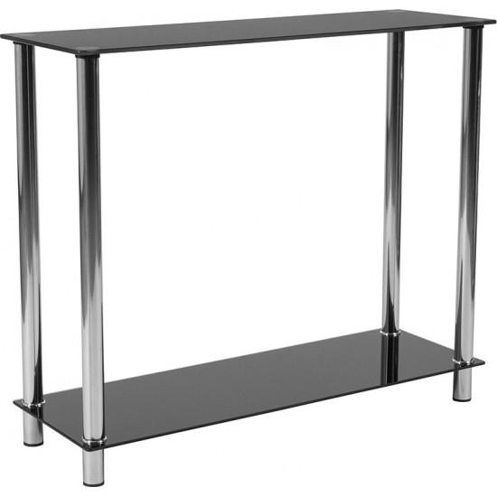 Riverside Collection Black Glass Console Table with Shelves and Stainless Steel Frame