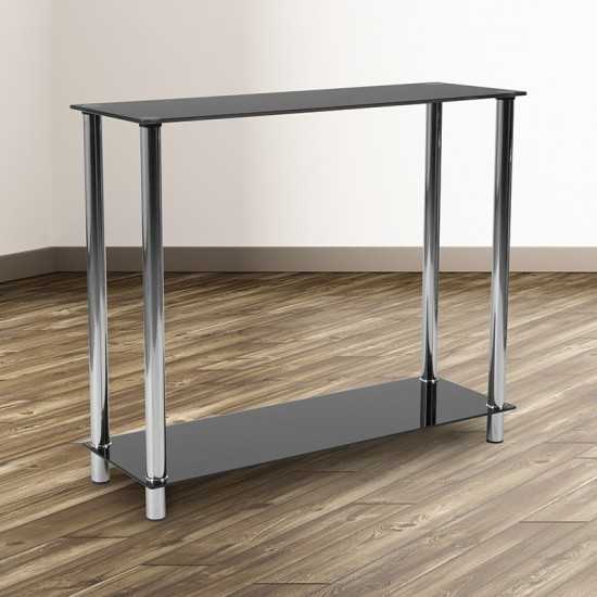 Riverside Collection Black Glass Console Table with Shelves and Stainless Steel Frame