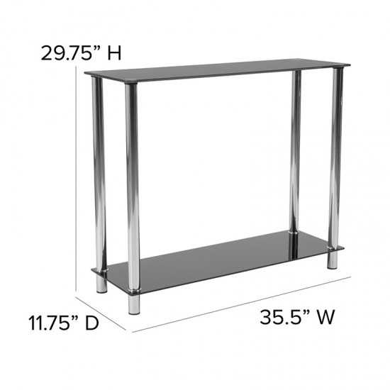 Riverside Collection Black Glass Console Table with Shelves and Stainless Steel Frame