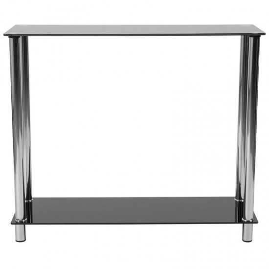 Riverside Collection Black Glass Console Table with Shelves and Stainless Steel Frame