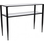 Newport Collection Glass Console Table with Shelves and Black Metal Frame